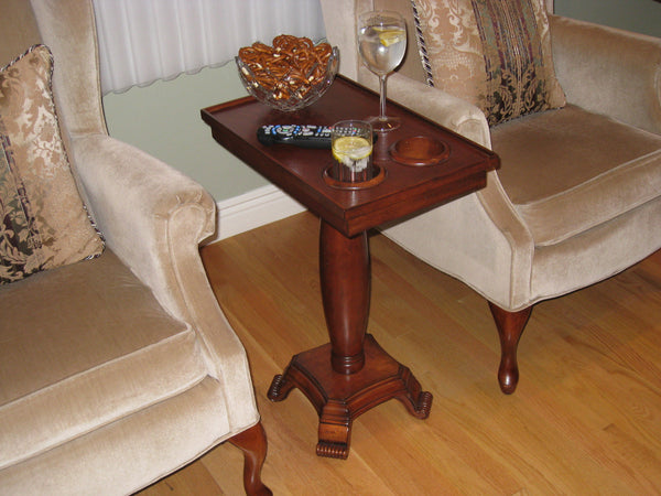 The ChairSide End Table Server With Oval Leg. Affordable & quality wood home theater tables with cup holders and end tables with cup holders for your home or man cave. No particle board or cheap materials.