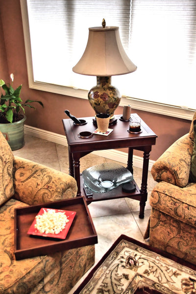 Multi-funtional solid wood folding table with built in cup holders. 