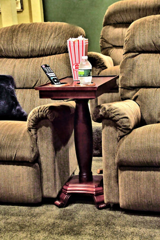 The ChairSide End Table Server With Oval Leg. Affordable & quality wood home theater tables with cup holders and end tables with cup holders for your home or man cave. No particle board or cheap materials.