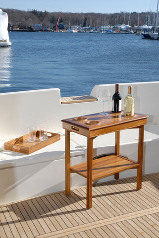 Multi-funtional teak or acacia wood portable table for boats, yachts, RV's, patios. With built in cup holders